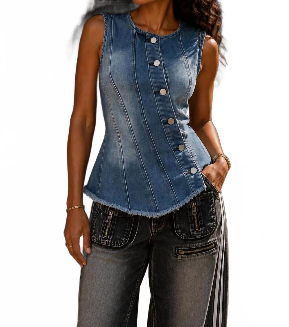 NEW SURELYMINE diagonal button denim top in blue